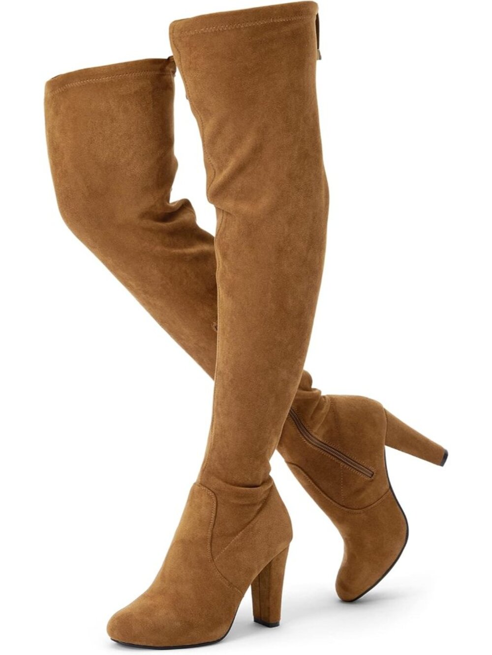 Women's Camel Suede Thigh High Over the Knee Boots with Block Heels Knee Heeled